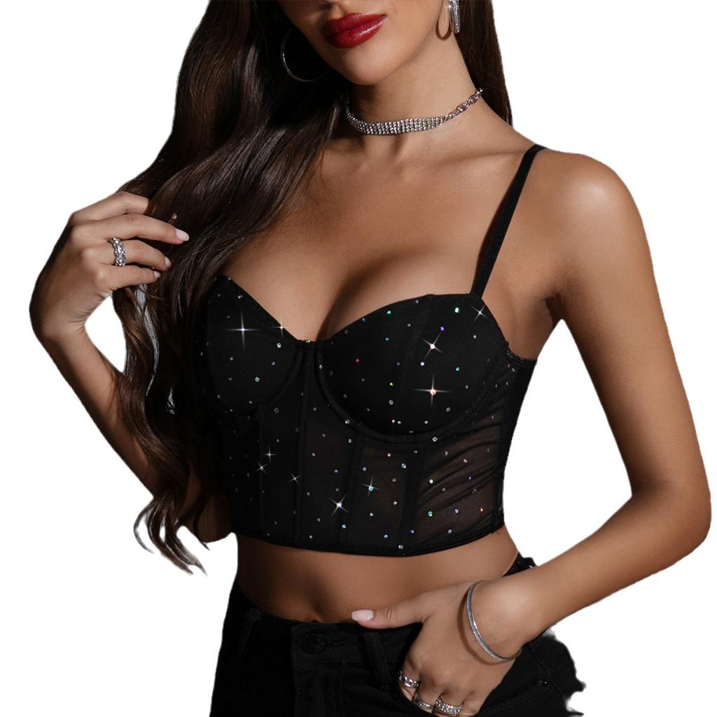 Модные сексуальные топы в стиле ночного клуба с блестками и стальным кольцом из рыбьей кости, прозрачные топы для пупка, пикантные топы на бретелях для девочек