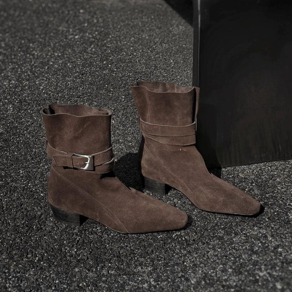 Two Short Boots, Women's Sleeves, Thick Heels, Fashion, Belt Buckle, Fashion, Square Head, Retro Temperament, Martin Boots, British Style Bundle