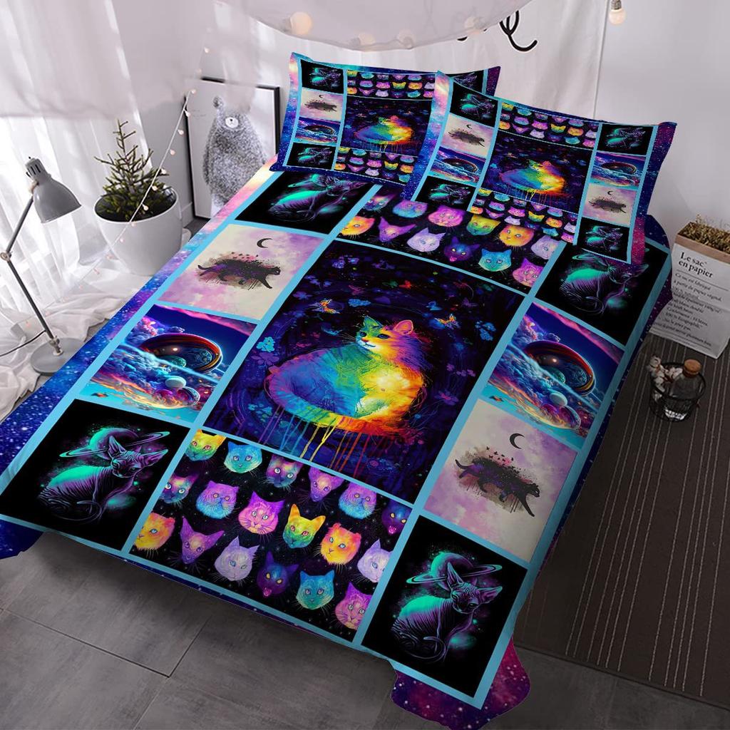 Cute Colored Cat Bedding Three-Piece Quilt Cover