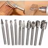 10pcs/set Steel Grinding Bit Wood Milling Cutters Engraver Metal Cutters High Hardness Routing Cutter Shank Wood Carving Tools