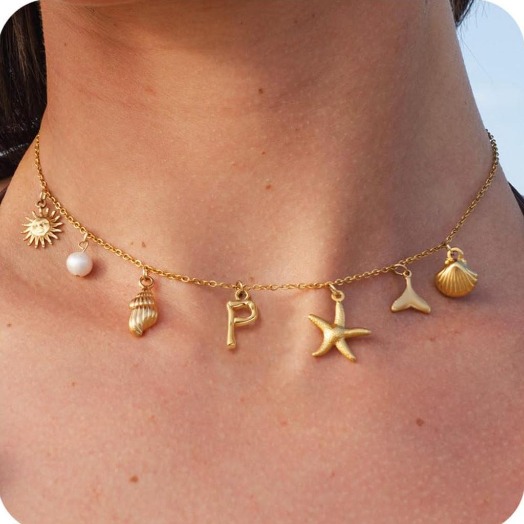 MHS.SUN Starfish Shell Initial Necklace Waterproof 18K Gold Plated Stainless Steel Charm Necklaces Surfer Girl Summer Beach Gift