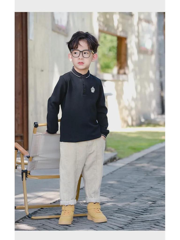 Boys' Long-Sleeve Velvet Polo Shirt - White School Uniform for Older Children In Winter