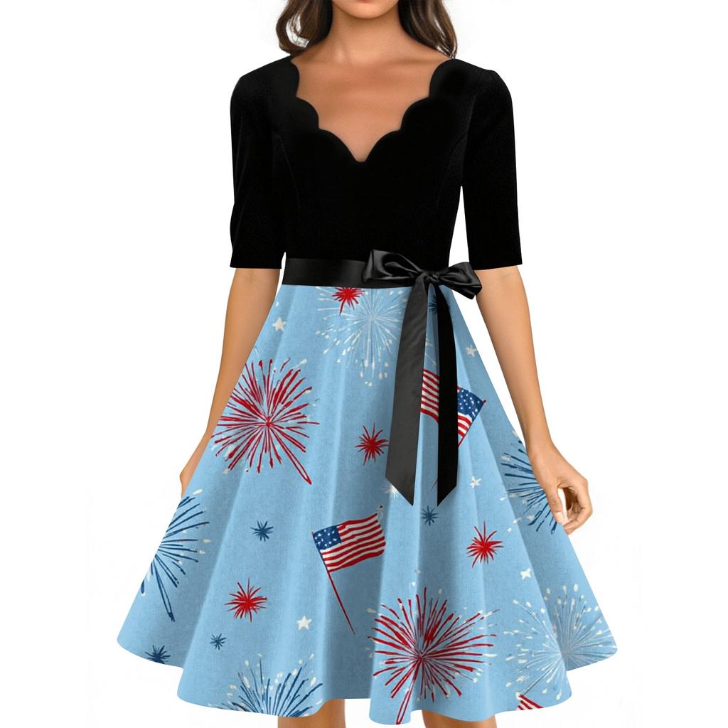 Women's Casual Fashion V-neck Retro Short-sleeved Dress With Flag Independence Day Print