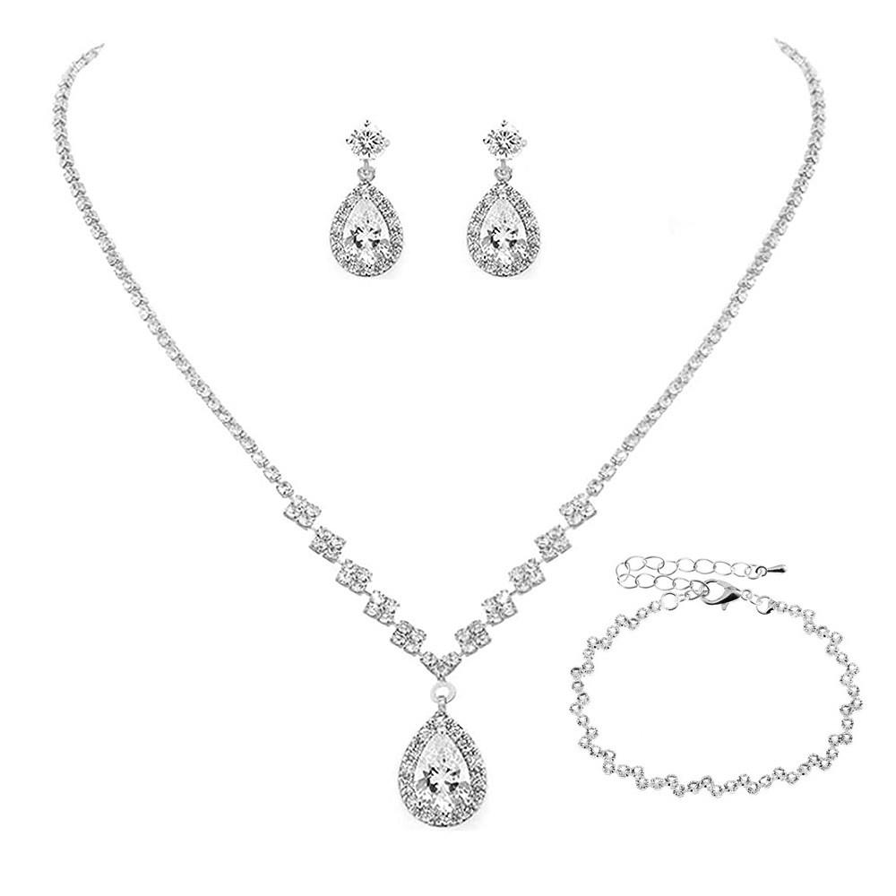 Bridal Party Jewelry Set With Zircon Water Drop Necklace Earrings And Bracelet For Weddings