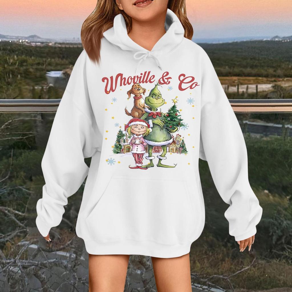 Детская модная повседневная толстовка с капюшоном свободного кроя с длинными рукавами и рождественским принтом