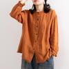 Asian Size Solid Color Cotton Linen Shirt Women Long Sleeve Blouse O Neck Button Up Oversized Shirts Ladies Tops