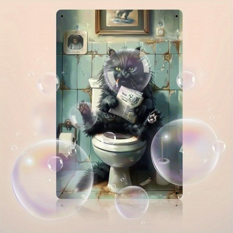 Декор комнаты 1 шт. Черный кот читает газету на унитазе Жестяная табличка - Юмористический декор стены ванной комнаты, Винтажная жестяная табличка, Уникальный подарок для любителя кошек