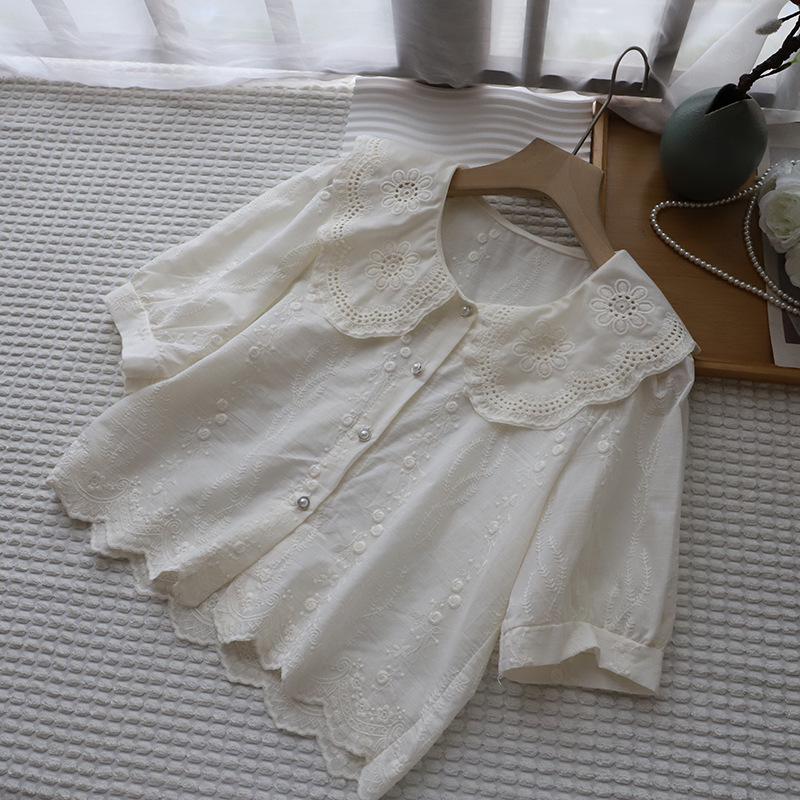 Летняя женская рубашка в корейском стиле с жаккардовым узором, воротником Питер Пэна и пышными рукавами, 2025