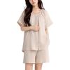 AQRTPXU Double Gauze Loungewear Set Sleeve Shirt and Crew Solid Perfect for Summer Women's Pajamas, 100% Cotton, 2-Piece (Short + Shorts), V-Neck
