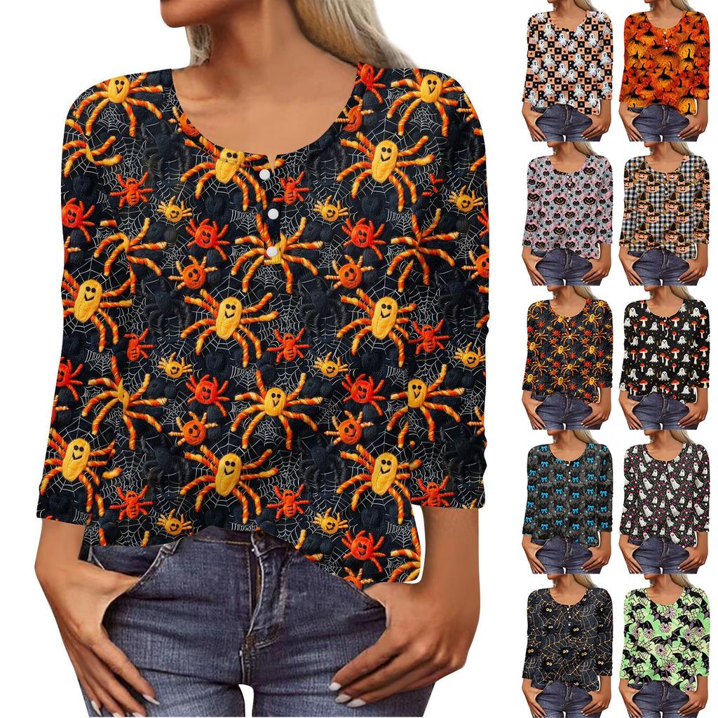 Long Sleeve Shirts For Women Halloween Pattern Print Graphic Tees Blouses Casual Plus Size Basic Tops Pullover