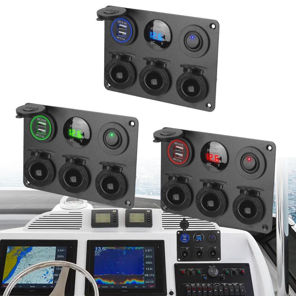 Для автомобиля, морского автофургона, прикуривателя, розетка, 6 в 1, многофункциональная панель, 4,2 А, тумблер, двойной USB-зарядное устройство, светодиодный вольтметр 12 В