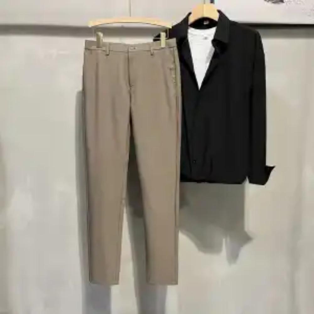 Модные мужские приталенные брюки темно-серого цвета в стиле smart casual, весна-лето, новинка, ледяной шелк, высокая эластичность, деловые укороченные брюки