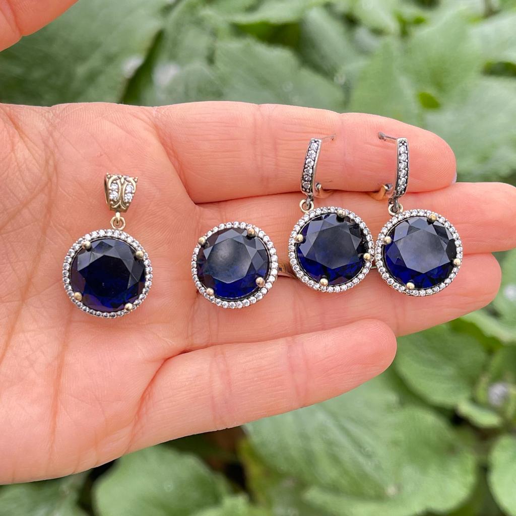 Комплект ювелирных изделий из сапфира в османском стиле, комплект ювелирных изделий с аутентичным дизайном, комплект ювелирных изделий с сапфиром, турецкие украшения, новая женская мода