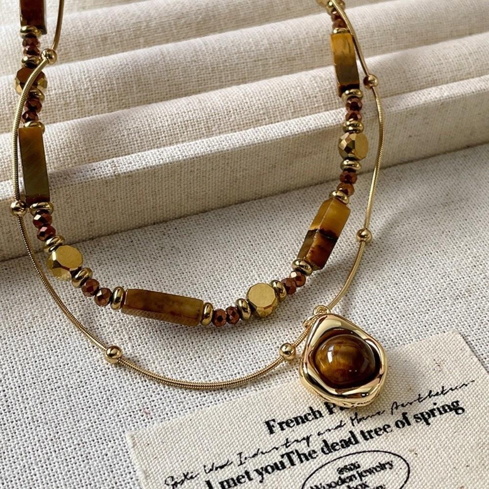 Многослойная цепочка для свитера из сплава, цепочка для ключиц, ожерелье с подвеской из ретро тигрового глаза