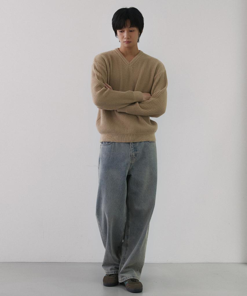 NODU V-Neck Waffle Essential Knit [Beige]