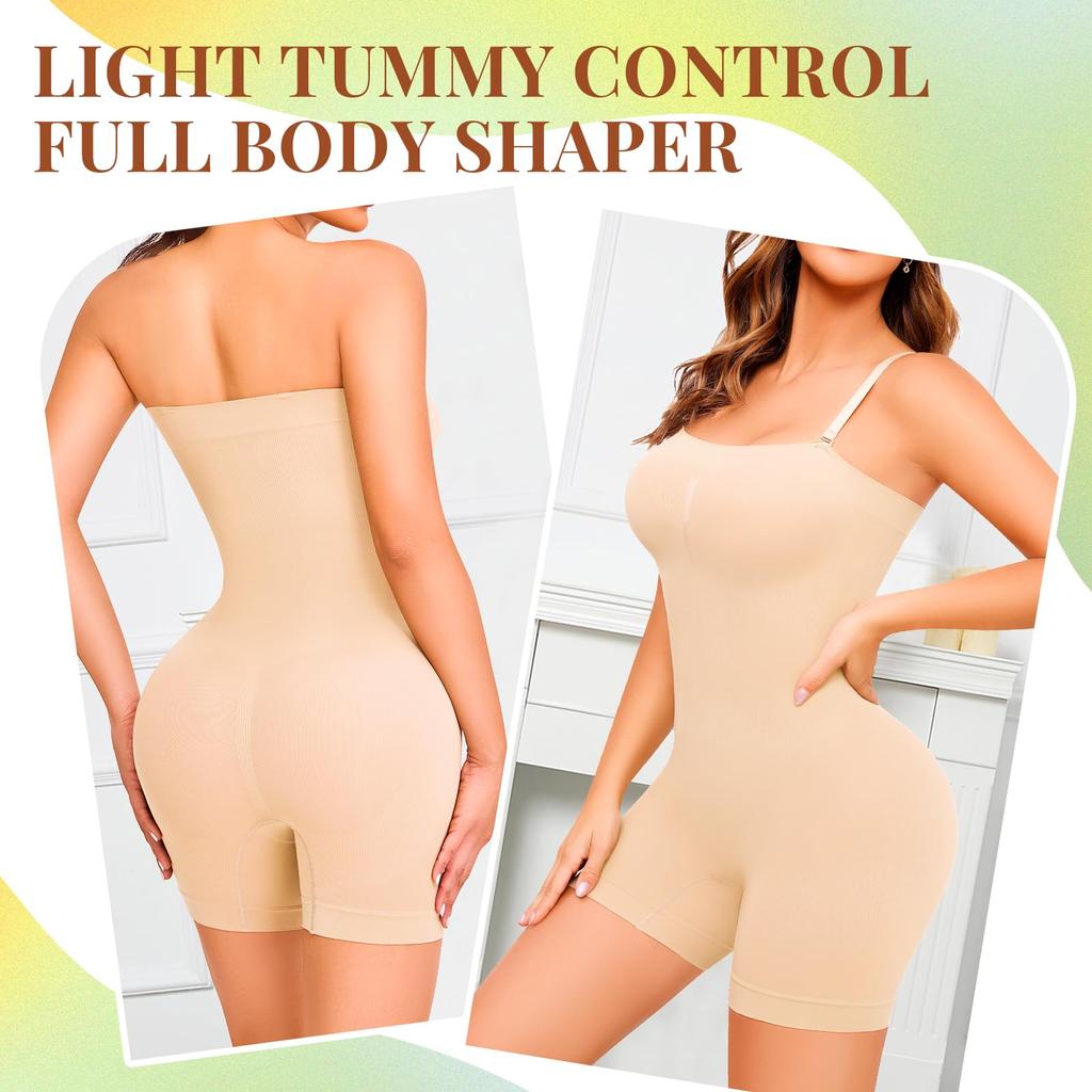Strapless Shapewear Bodysuit for Women Full Body Shaper Tummy Control Romper Under Dresses Seamless Mid Thigh Jumpsuit Tops