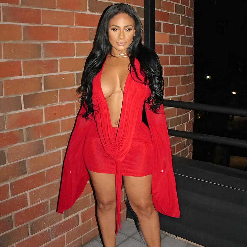 European-American Women's Mesh Ruffle Collar A-line Dress with Open Back