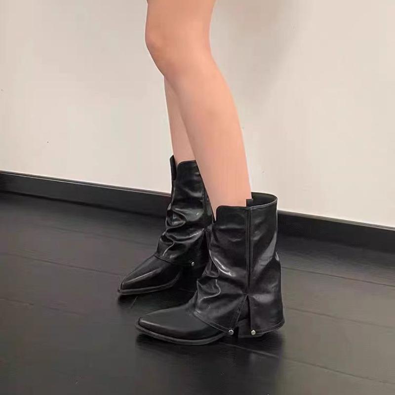 2024 Solid Color Design Pointed Toe Square Heel Winter Tall Simple Office Women's Shoes Pleated Non-slip Winter Boots Zapatos