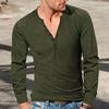 Men's Spring and Autumn Vintage Long-sleeved T-shirt Casual Button V-neck Slim Solid Color T-shirt