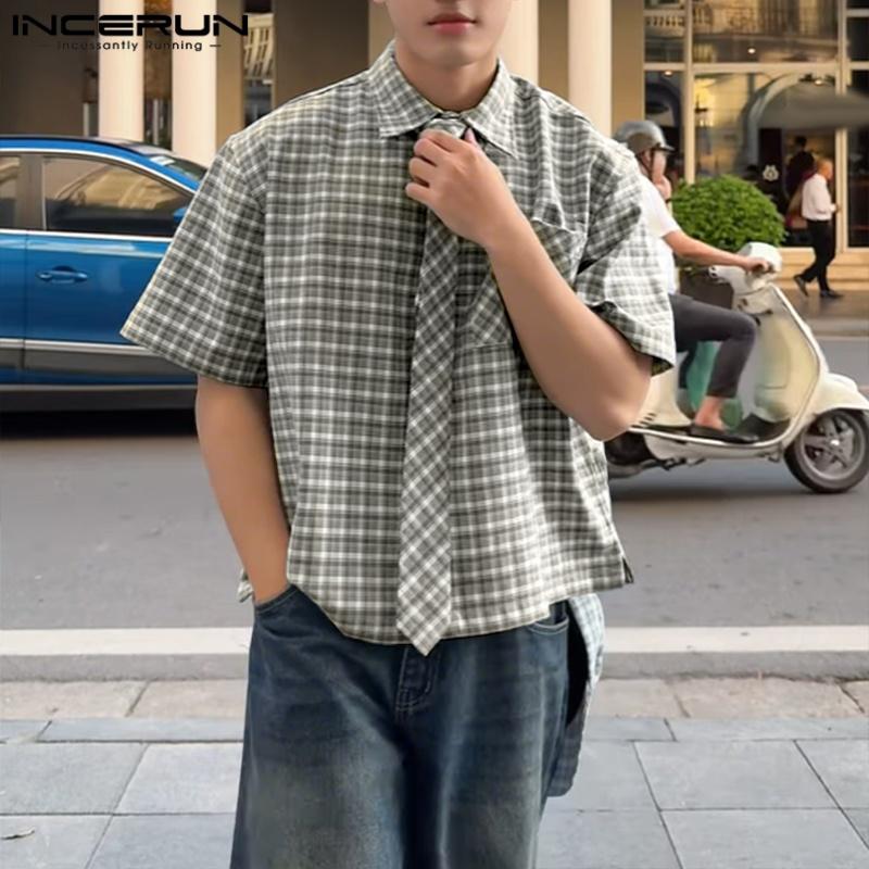 INCERUN Summer Oversized Men Tie Up Neck Half Sleeve Plaid Print Casual Loose Shirts