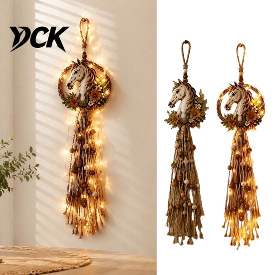 Warm Light String Hanging Decor Farmhouse Horse Wall Decor, Boho Head Ornament with Wood Beads Bohemian Style Room Decoration Tassels, Rustic Art for