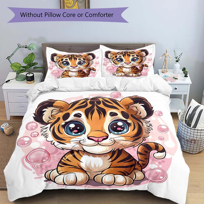3pcs Tiger Cub Pattern Bedding Set, 1* Cover + 2*Pillowcases, Printed Bedding Set, Soft and Comfortable, Suitable for Bedroom and Guest Room