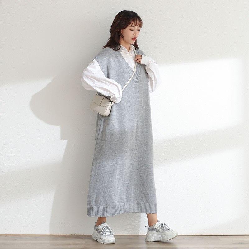 DIMANAF Женское платье-свитер Зима Осень Большой размер Новый вязаный жилет без рукавов с V-образным вырезом Женский базовый однотонный свободный пуловер