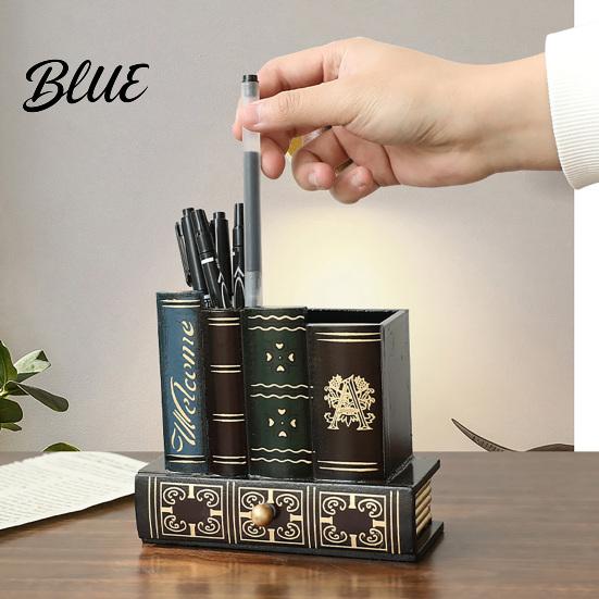 Ретро Подставка для ручек в форме книги Деревянная Подставка в форме книги Настольный Органайзер с Ящиком Утолщенное Основание Креативный Контейнер для Хранения Ручек Заметок
