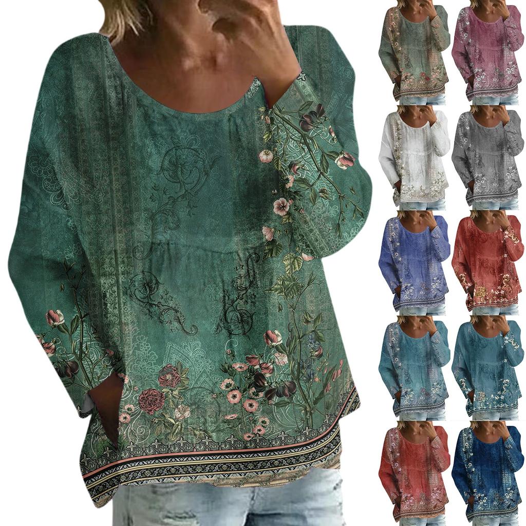 Women's Casual Fashion Loose Round Neck Retro Print Long Sleeve Top