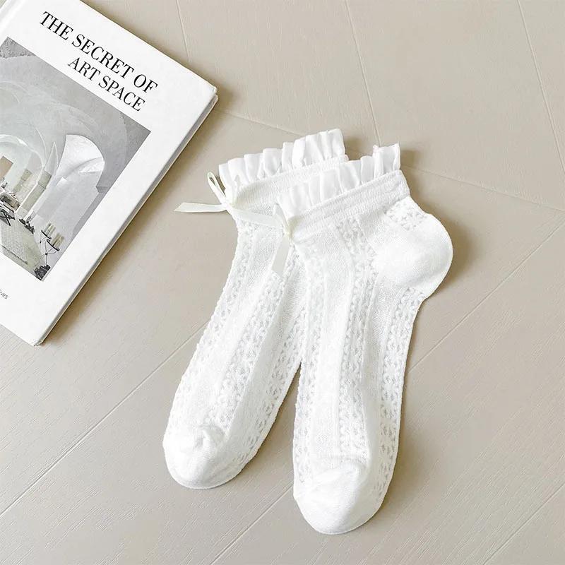 Lace Ruffle Socks Women Cute Bow Sweet Girl Lolita Kawaii Princess Socks Hollow Out Mesh Thin Breathable Black White Short Socks