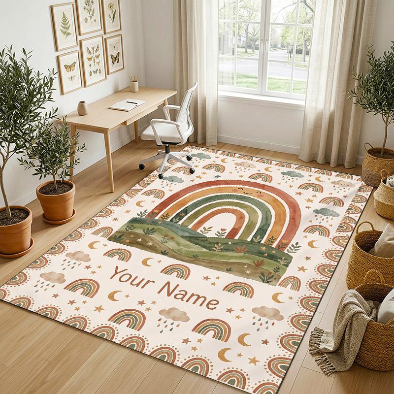 Rainbow Dreams Theme Soft Crystal Velvet Rug Custom Name & Text Print Non Slip Floor Rug for Bedroom Living Room