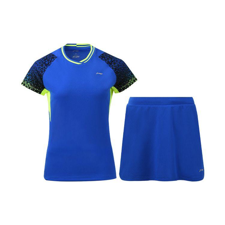Li Ning Badminton Series быстросохнущий дышащий тренировочный спортивный комплект с коротким рукавом и юбкой для соревнований женские топы кристально-голубого цвета AATQ028-1