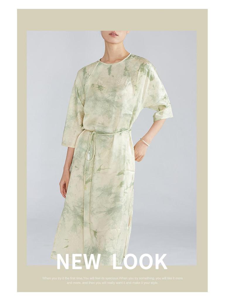 Платье миди ручной работы из жаккарда тутового шелка с принтом тай-дай - в китайском стиле, с круглым вырезом, скошенной планкой, рукавом семь восьмых