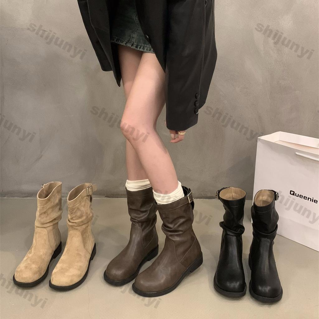 Women Round Toe Pile Chunky Heel Ankle Boots Comfortable Lightweight Mid-calf Knight Boots Autumn Casual Outdoor Shoes