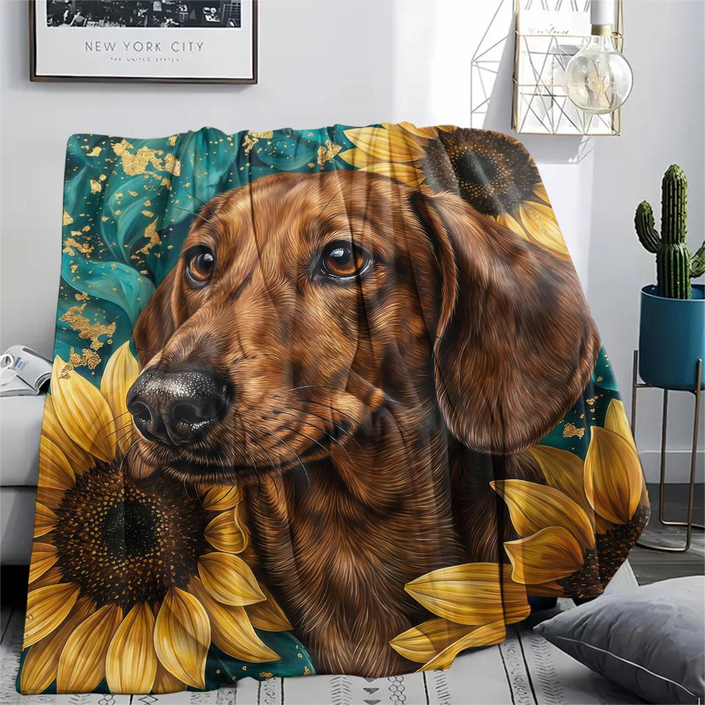 Sunflowers and puppies Print Flannel Blanket,High quality Comfortable for All Seasons,Home Decor,Warmth and Comfort,Perfect for Christmas Gifts