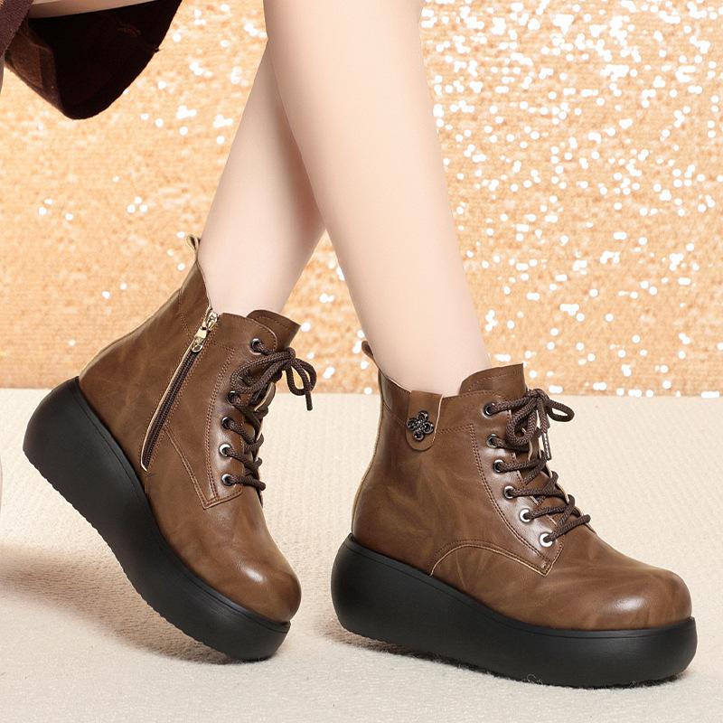 6 см Удобная Толстая Подошва Платформа Обувь Мягкая Кожа Ботинки Зима 2025 Средний Каблук Танкетка Короткий Мех Снежные Ботильоны для Мамы