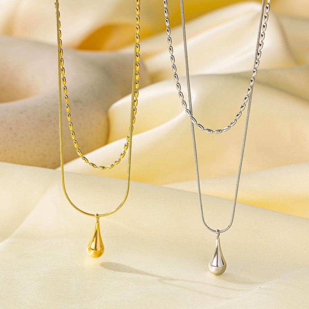 DIEYURO 316L Stainless Steel Golden Water Droplet Double-layer Necklace For Women Trend Fashion Neck Chain Jewelry Daily Gift