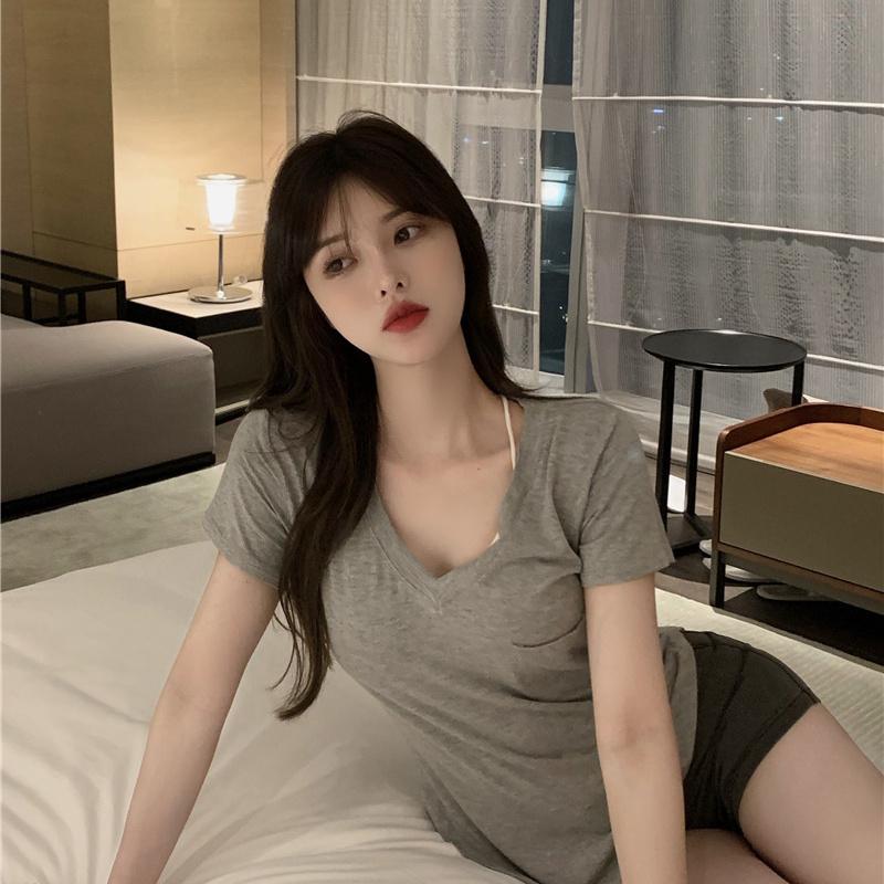 Women Spring Summer Solid Color Short Sleeve T-shirt V-Neck Pocket Slim Irregular Blouses Pullover Base Top M-XXL