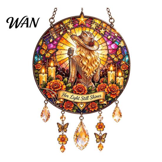 Stained Glass Style Decor Acrylic Suncatcher with Metal Chain, 2D Flat Window Hanging Ornament Vintage Microphone Wall Retro Cowgirl/Microphone