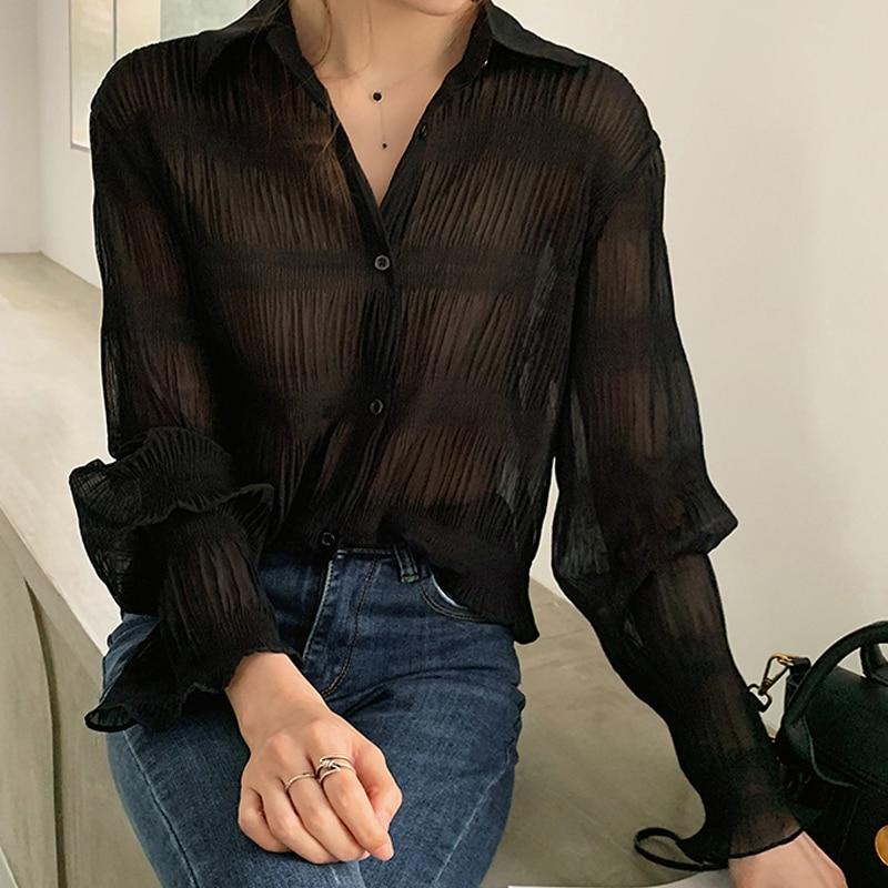 Chiffon Blouses Women Turn Down Collar Long Sleeve Korean Fashion Vintage Elegant Casual Office Lady Large Size Shirts