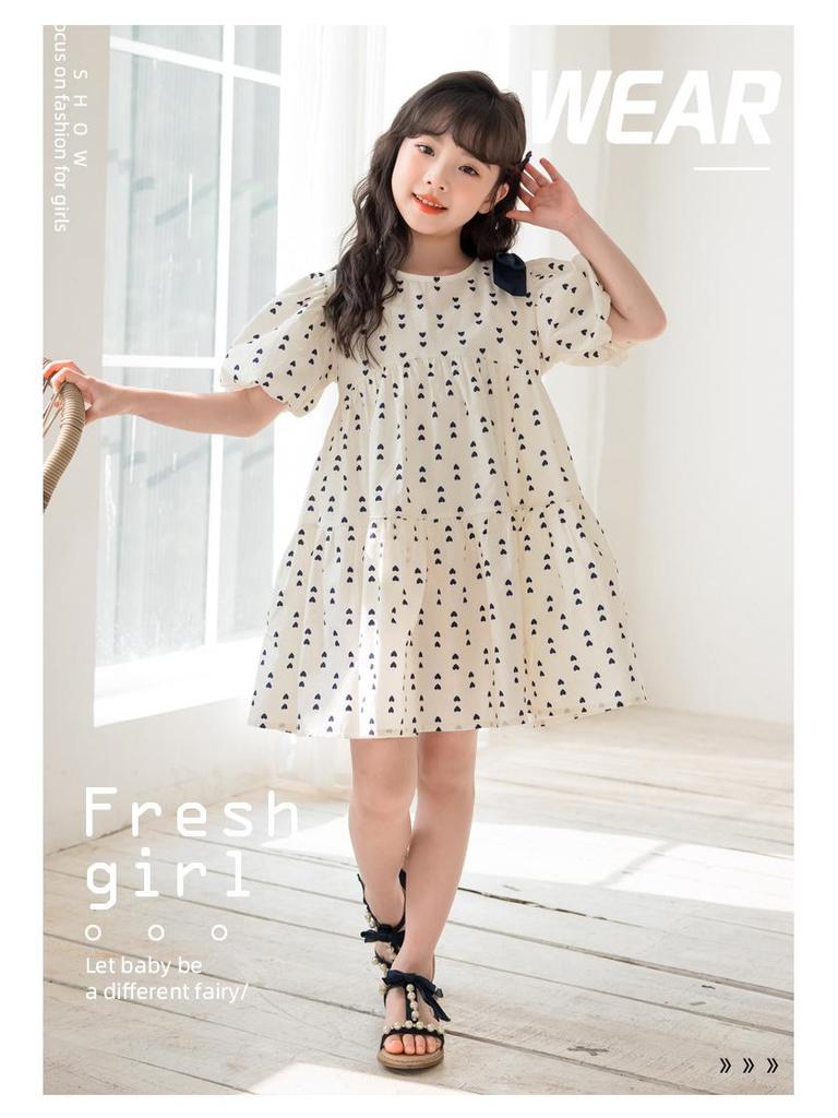 2025 Summer Korean Puff Sleeve Cotton Dress for Girls - Children's One-Piece Skirt