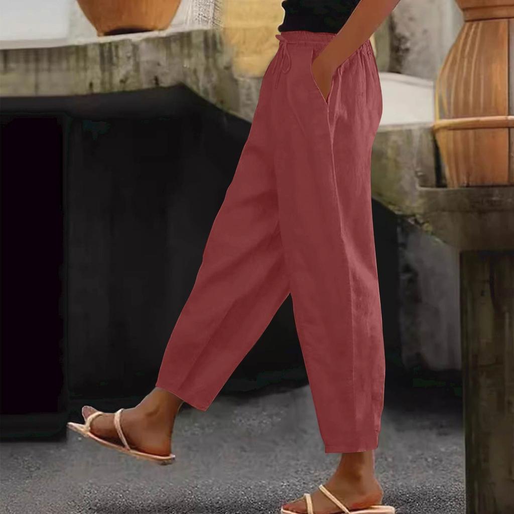 Women's Fashion Loose Cotton Linen Solid Color Casual Side Pocket Elastic Drawstring Trousers
