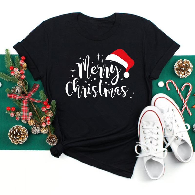 Christmas New Year Themed Print Womens TShirt Casual Short Sleeve Top For Holiday Party Festive Enthusiasts