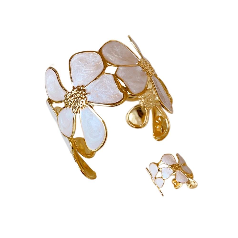 Opening Flower Bracelet and Ring Kit Pleated Open Floral Bangle Women's Wedding Jewelry Set Beach