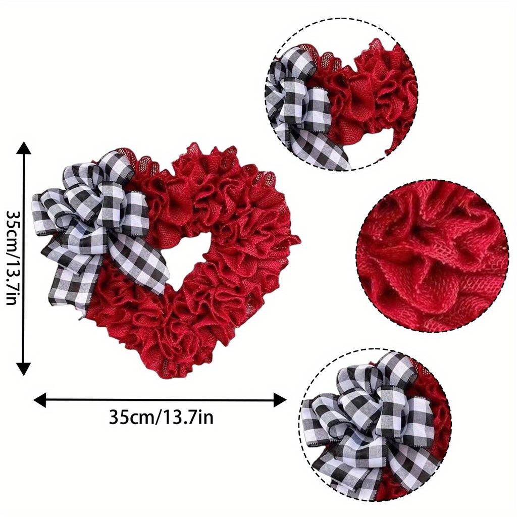 35 см венок в форме сердца ко Дню святого Валентина, подвесная табличка для входной двери, венок из мешковины в форме сердца с клетчатыми бантами для улицы, дома, свадьбы, гирлянды для домашнего декора