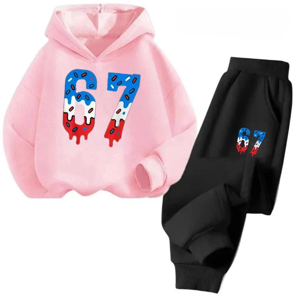 67 Chic Children's Hoodies Set 3-12Y Korean Streetwear Block Tracksuit Fashion Comfortable Kids Sweatshirt 2 Pcs Sets Pant Suit