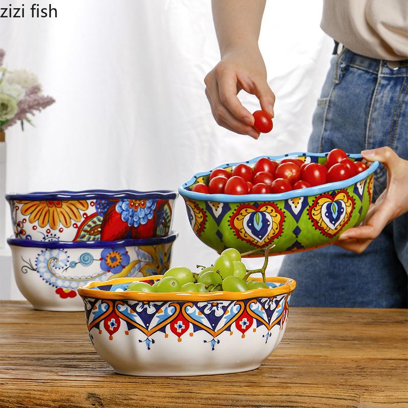 Creative Hand-painted Ceramic Bowl Irregular Salad Bowl Dessert Bowl Fruit Bowls Thick Soup Bowls Restaurant Specialty Tableware