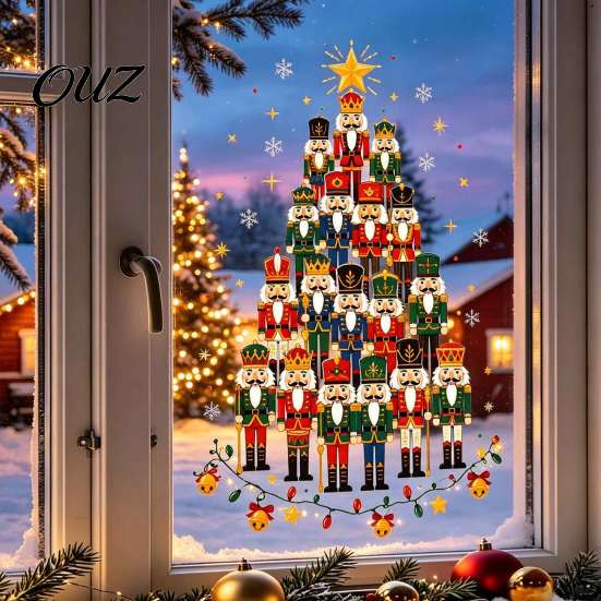 Waterproof PVC Festive Window Film Nutcracker Christmas Tree Cling, Glass Sticker with Star Topper & Holiday Decorative Clings Colorful Lights, Decals