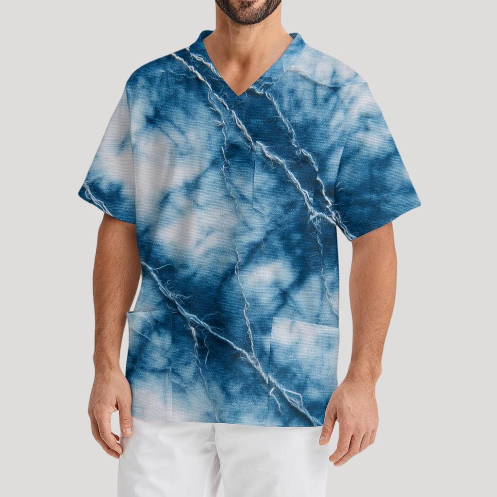 Мужская рабочая блузка с короткими рукавами и v-образным вырезом с принтом, топ с нагрудным карманом