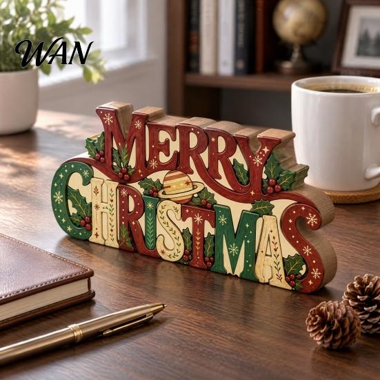 Rustic Festive Decor Wooden Merry Christmas Sign, 2D Flat Farmhouse Freestanding Table Centerpiece, Sign Tiered Tray Decoration for Mantel,